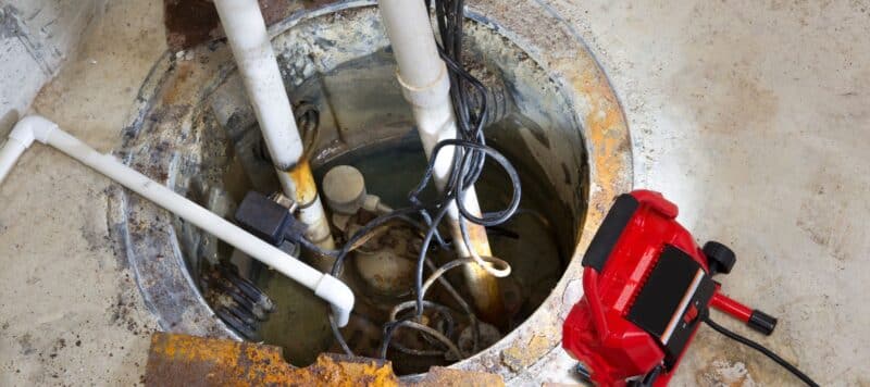 Open sump pit with PVC piping, electrical cords, and a red sump pump tool placed beside it on a concrete basement floor