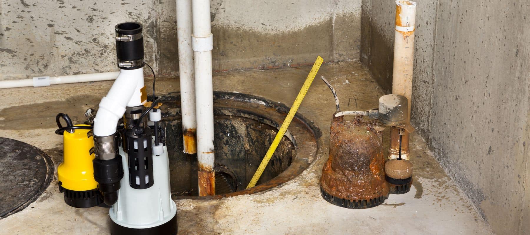 A basement sump pit with an old rusted ejector pump next to a newly installed pump system on a concrete floor