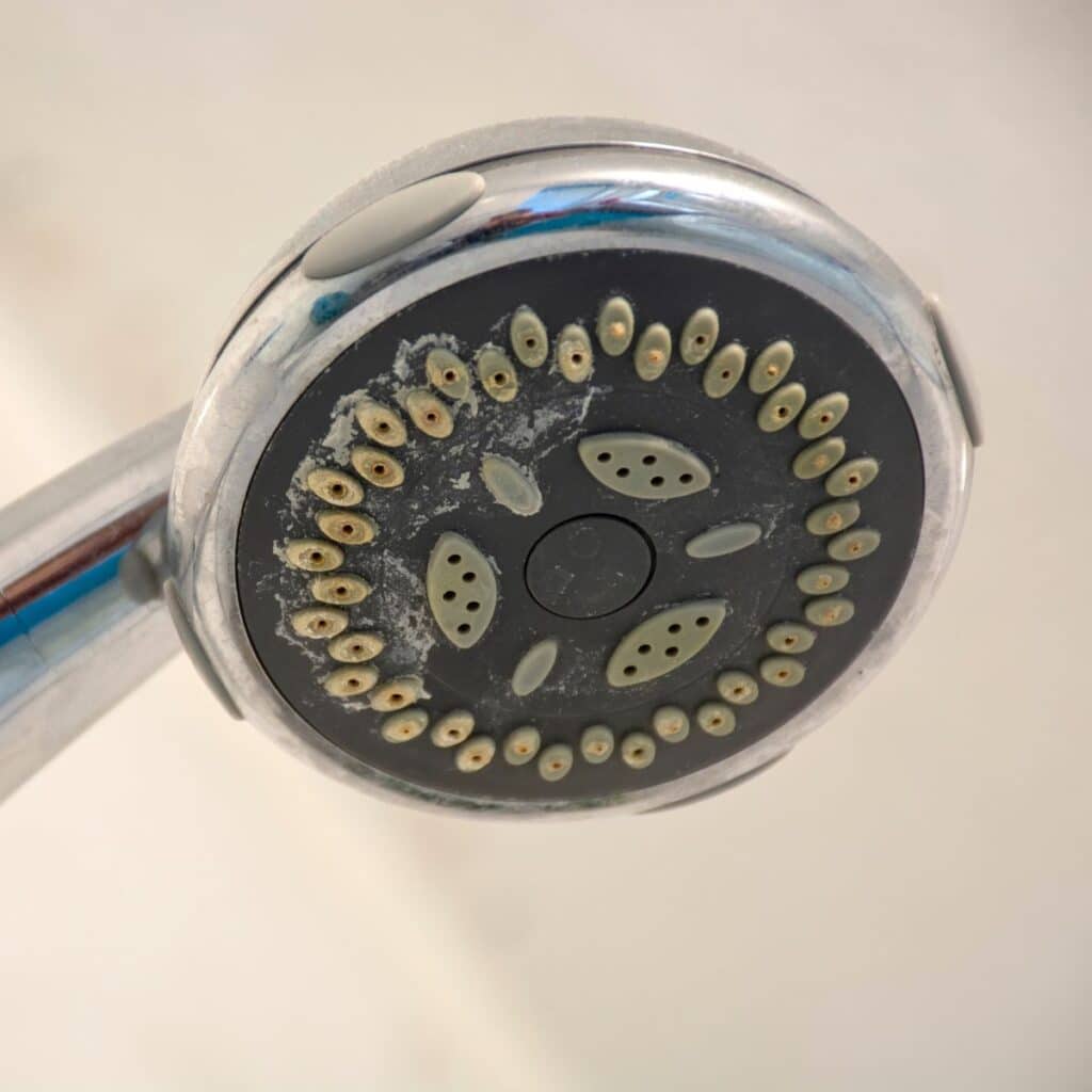 A close-up view of a shower head shows significant mineral buildup and residue on its nozzles, indicating hard water